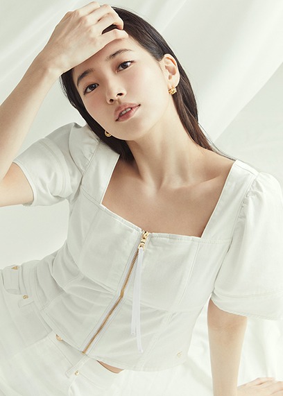 데님 셔링 반팔 셔츠_WHITE