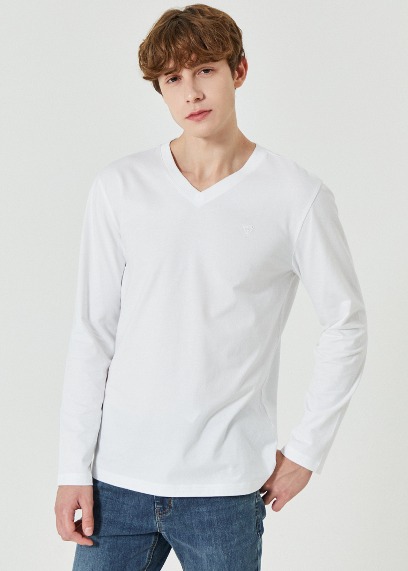 남성 미니로고 V넥 긴팔티_WHITE