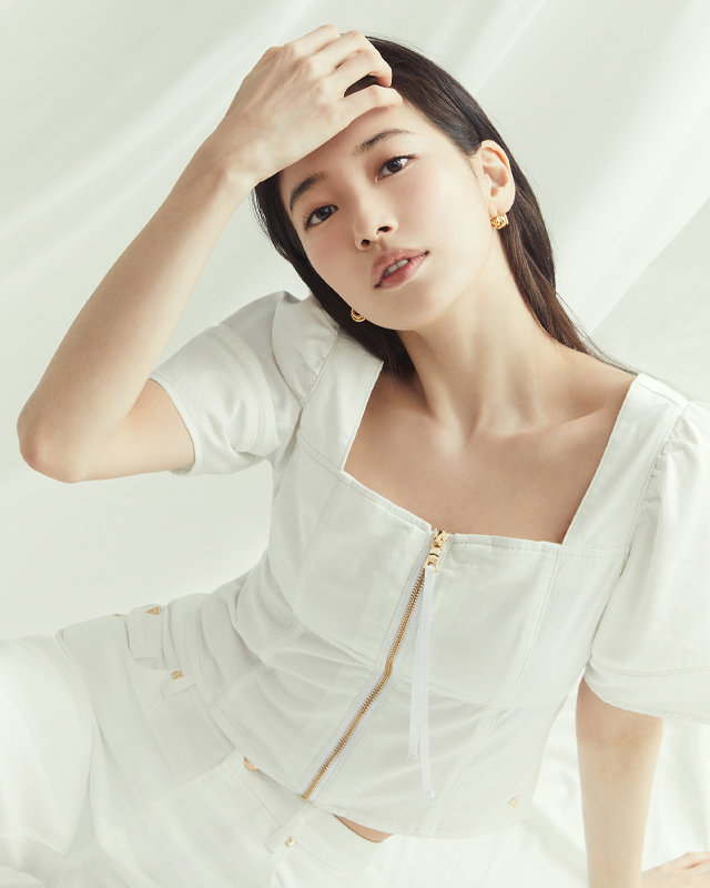데님 셔링 반팔 셔츠_WHITE